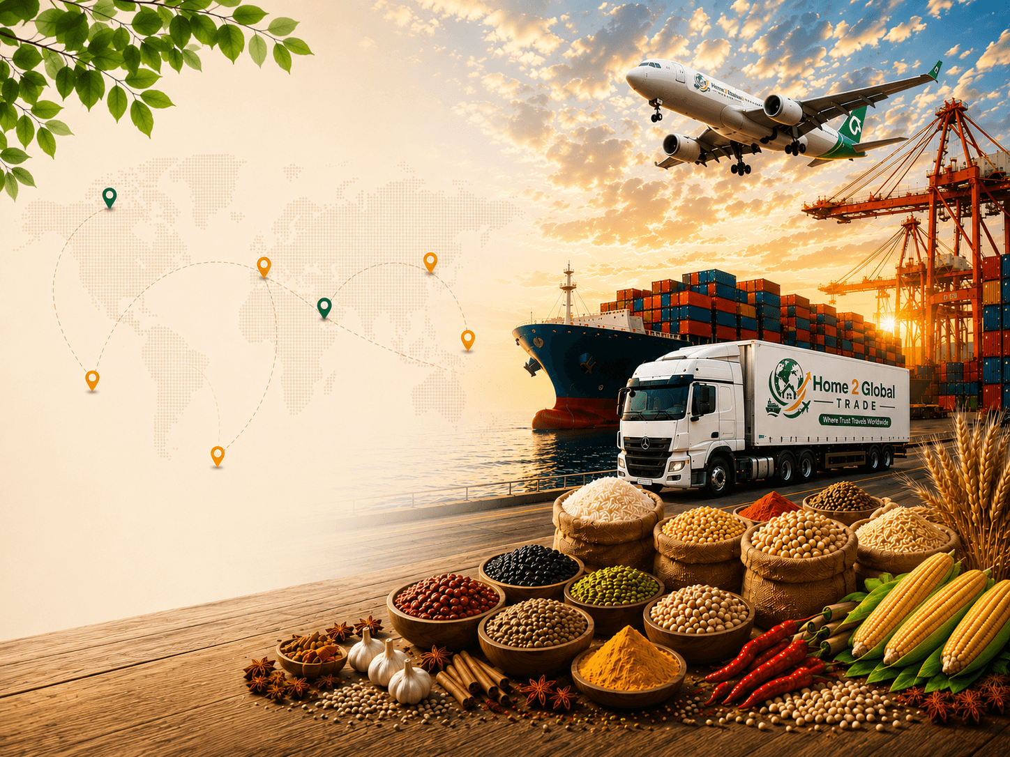 Indian agro commodities for export — spices, grains, pulses, and herbs from Home2Global Trade